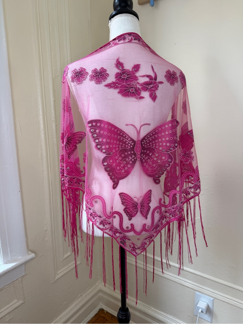 Y2K Butterfly Pattern Glittery Fairycore Barbiecore Sheer and Fringed Scarf
